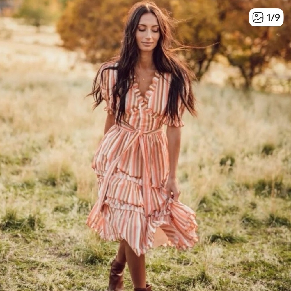 Jessakae Womens XS Traditional Stripe Scalloped Ruffle Midi Dress New Orange